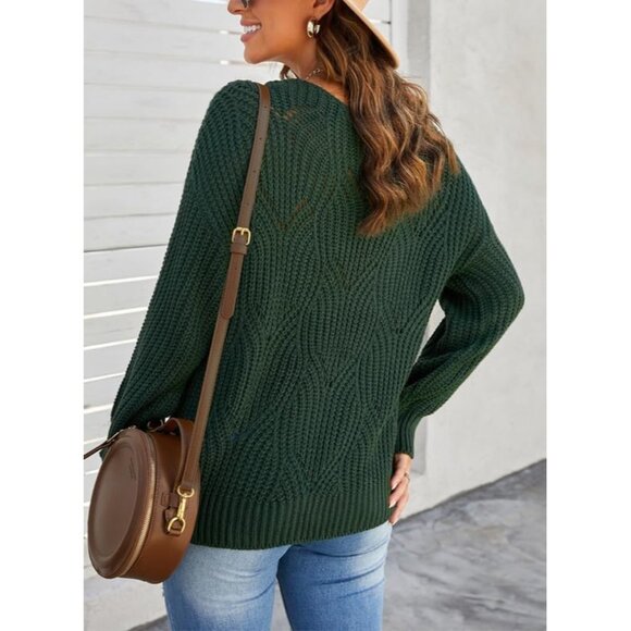 Women's Green Cute Elegant Soft Crew Neck Long Sleeve Knit Pullover Sweaters - Picture 5 of 6